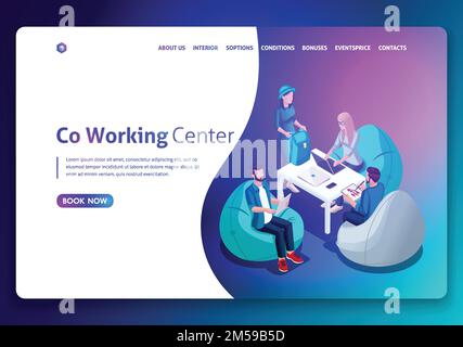 Website template design. Isometric concept Open workspace and coworking. Landing page concept.3D isometric vector illustration. Easy to edit and custo Stock Vector