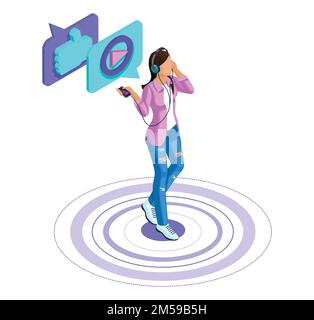 Isometric girl listens to music, watches video, puts likes on a smartphone, social networks, claimed video blogs, communication on the Internet. Stock Vector
