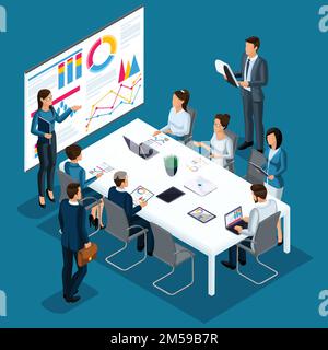 Isometrics concept of training, training, coaching, the coach shows on the screen the process in the form of graphs and diagrams. Stock Vector
