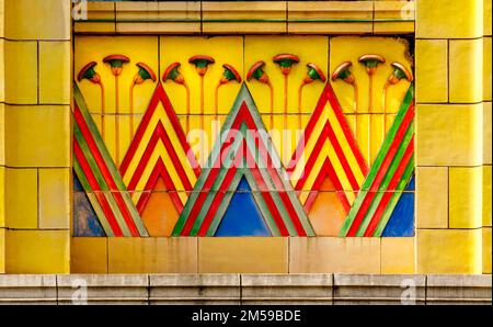 Egyptian style art deco tiles with flowers and pyramids outside Carlton Cinema, Islington, London Stock Photo