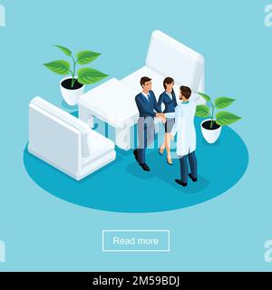 Isometrics health care and innovative technology, hospital, patient thanks doctor for treatment in a medical clinic. Stock Vector