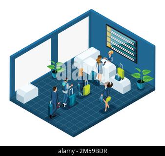 Isometric building of the airport passengers with luggage, pass passport control in a large bright room, vector illustration with emotional characters Stock Vector