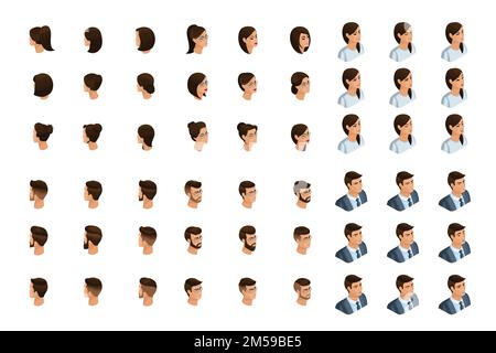 Qualitative Isometry is a detailed study of a set of hairstyles and emotions for characters in isometric. Emotions of men and women. Front view and re Stock Vector