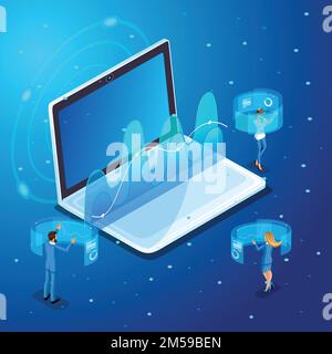 Isometric businessmen with gadgets, work on virtual screens, on-line management, graphics, reports. Character Emotions for vector illustrations. Stock Vector
