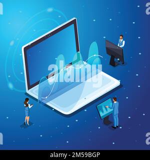 Isometric businessmen with gadgets, work on virtual screens, on-line management of electronic devices, high-tech. Character Emotions for vector illust Stock Vector