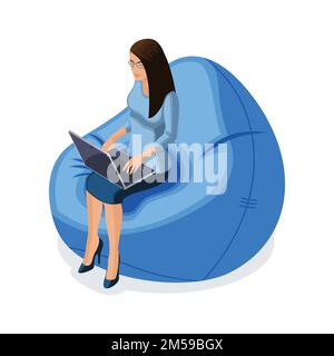 Isometric business woman with gadgets, young entrepreneur working behind laptop, sitting in comfortable chair, vector illustration. Stock Vector