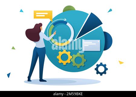 Young girl in progress at work, woman character with graph Research and charts. Flat 2D character. Concept for web design. Stock Vector