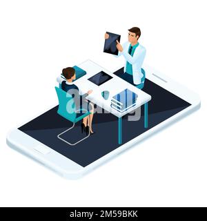 Isometric concept of online consultation of a qualified doctor and surgeon via mobile phone and social networks. Stock Vector