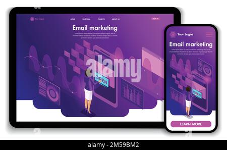 Website Template Landing page Isometric concept of augmented reality, the girl plays in virtual eyes in virtual reality. Easy to edit and customize, R Stock Vector