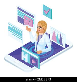 Isometric concept of online consultation of a female doctor of medicine, a social site with a live doctor's communication and competent advice. Stock Vector