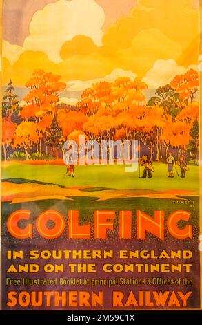 England, Sussex, Bluebell Railway, Horsted Keynes Station, Vintage Poster Advertising Golfing Trips *** Local Caption ***  UK,United Kingdom,Great Bri Stock Photo