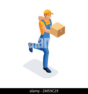 Isometric man in uniform is running delivering an order in a cardboard box. Delivery Concept. Fast delivery van. Delivery man. 3D character of emotion Stock Vector