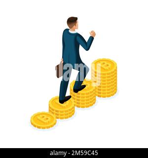 Isometric businessman climbs a hill of gold coins Crypto Currency, ICO, Bitcoin, dollars, cash, goes up, career ladder. Stock Vector