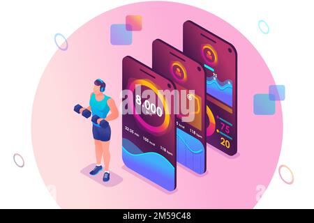 Isometric concept The mobile app tracks a person's training. Athletic training, weight training. Concept for web design. Stock Vector