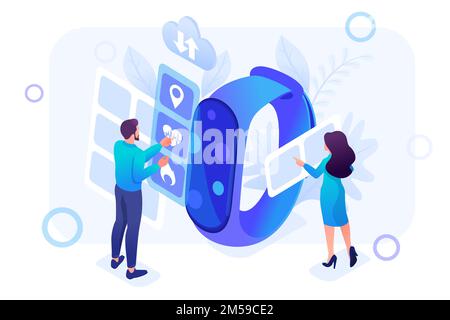 Isometric concept Young People working with watch apps. Header concept. Concept for web design. Stock Vector