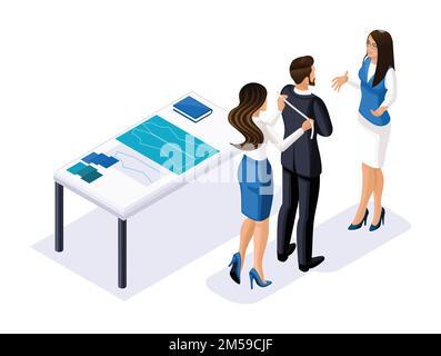 Isometrics tailor, the designer works with the client, business lady talks to the businessman, studio, workshop. The entrepreneur working for himself, Stock Vector