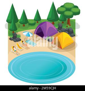 Isometric Expedition travel hiking, webpage with weekend friends picnic beach, sunbathing on the beach, vector illustration. Stock Vector