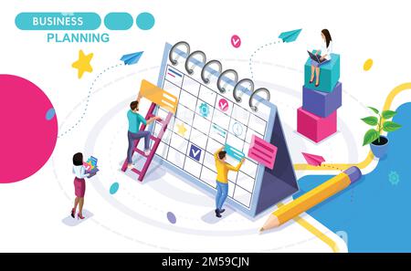 Isometric Concept of business planning, drawing up development schedules business. Isometric people in motion. Concepts for web banners and printed ma Stock Vector