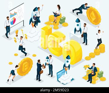 Isometric business concept ico blockchain infographic, cryptocurrency mining, startup project, vector illustration. Stock Vector