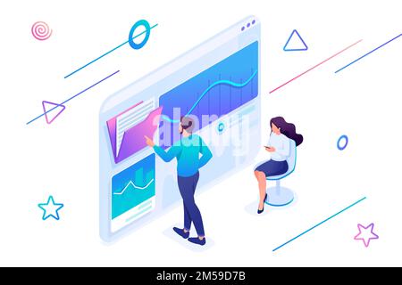 Isometric concept young entrepreneurs testing statistical analysis tools on a tablet. Concept for web design. Stock Vector