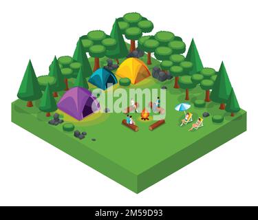 Isometric landscape of rest, friends at the weekend at the camping site, tents, people by the fire, fresh air, picnic, day off, active rest. Stock Vector