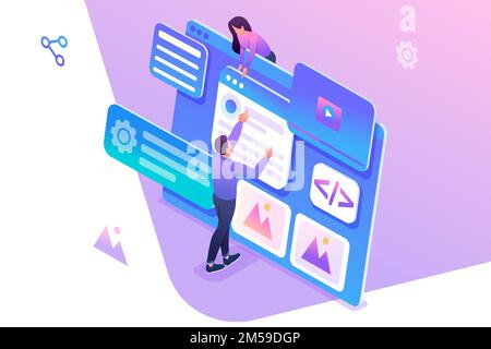 Isometric concept young people are engaged in web design, website page development. Concept for web design. Stock Vector