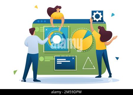 Teamwork entrepreneurs engaged in business analysis on a large tablet. Flat 2D character. Concept for web design. Stock Vector