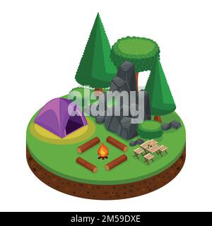 Isometrics camping, outdoor recreation, nature, lake, forest, tent, bonfire, mountains, trees. Stock Vector