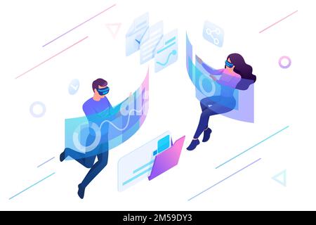 Isometric concept Young people use augmented reality and virtual glasses for data analysis. Concept for web design. Stock Vector