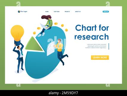 Young entrepreneurs work with charts and profit diagrams. Concept of teamwork. 3d isometric. Landing page concepts and web design. Stock Vector
