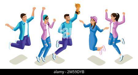 Isometrics teenagers jumping, bright design, generation Z, cool girls and boys, people, phones, gadgets on a white background. Stock Vector