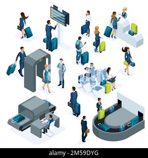 Airport isometric icons set of reception and passport check desk, waiting room, transit area, passengers are waiting for boarding, business trip isola Stock Vector