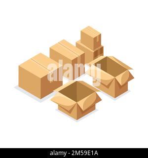 Isometry A set of cardboard boxes of various shapes, closed and open boxes. Set for use in delivery and warehouse concepts. Stock Vector
