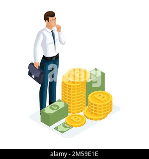 Isometric businessman stands next to a large pile of money and does not know what to do with them. Vector illustration of a financial investor. Stock Vector
