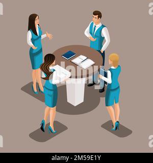 Isometric brainstorming of bank employees at work to attract customers. Girls and man in the office. Stock Vector