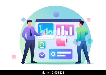 Young businessmen collect data on the Internet. Concept of data collection. Flat 2D character. Concept for web design. Stock Vector