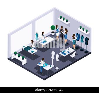 Isometric tailor room atelier process of sewing workshop work, customer service, tailoring, sketching, cutting. The entrepreneur working for himself, Stock Vector