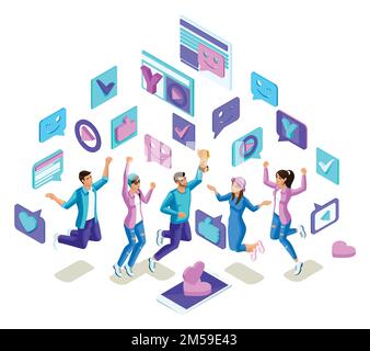 Isometrics teenagers jumping, bright design, generation Z, cool young people, phones, gadgets on a white background. Stock Vector