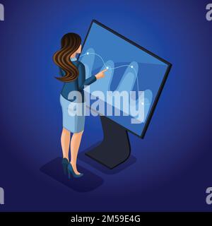 Isometric business ladies with gadgets, young entrepreneur, manages gadgets through online, virtual screen. Vector illustration. Stock Vector