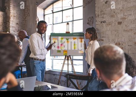 Mixed age range business people working in office, creatives and designers working on new project, startup concept, young African American man explain Stock Photo