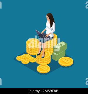 Isometric business lady sits on a large pile of cash and ico blockchain cryptocurrency mining, startup project isolated vector illustration. Stock Vector