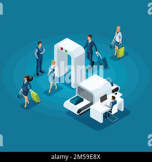 Isometric infographic concept of passing baggage inspection at the entrance to the airport building, business ladies and businessmen on a business tri Stock Vector