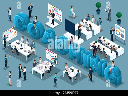 Isometric cartoon people vector, 3d businessmen, concept of training staff, coach on demand teaches, staff at lecture, great word coaching vector illu Stock Vector