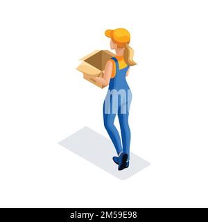 Isometric girl carries a cardboard box for the goods in the warehouse. Delivery Concept. Fast delivery van. Delivery man. Stock Vector