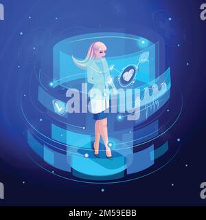Isometric doctor works on a virtual screen, monitors, set 5, remote controls medical devices for life support. High tech. Stock Vector