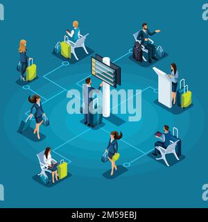Isometric infographic Airport service concept, passengers with luggage, passengers in waiting room, waiting on the plane vector illustration. Stock Vector