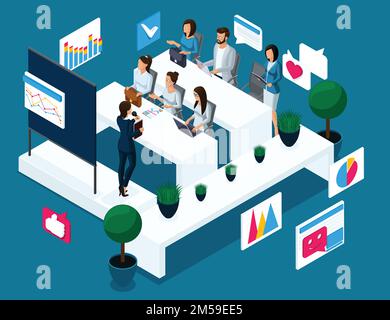 Isometrics concept of coaching, training, financial exchange, growth and decline of quotations, business development, business training. Stock Vector