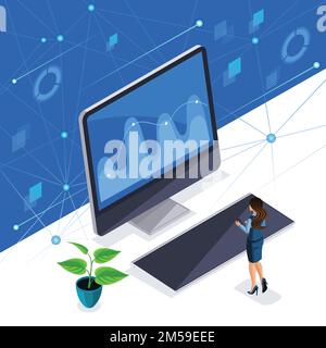 Isometric woman, business lady manages a virtual screen, a plasma panel, an intelligent woman enjoys high tech technology. Stock Vector