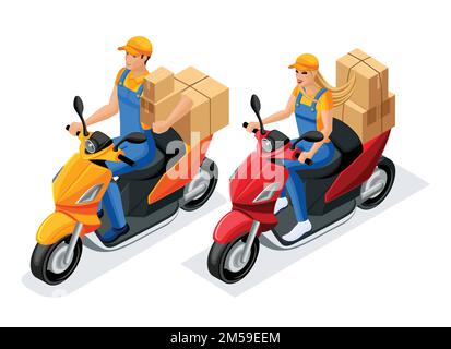 Isometric man and woman in uniform ride on scooters with cardboard boxes, the work of the delivery service. Delivery Concept. Fast delivery van. Deliv Stock Vector