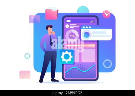 Young man is developing a Mobile application for data collection. Flat 2D character. Concept for web design. Stock Vector